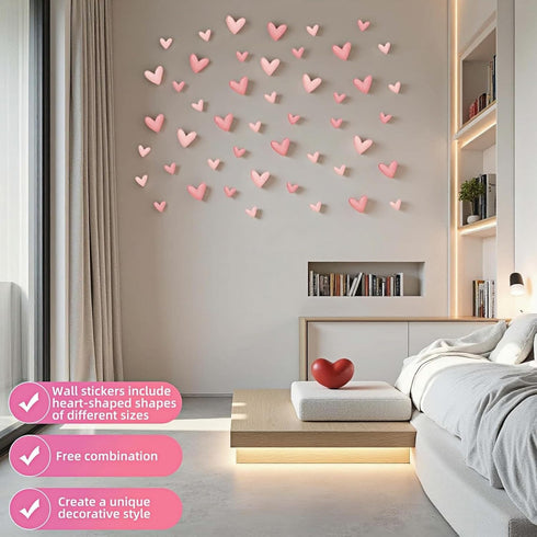 BUBBLE-FLY 60 Pcs Pink Heart Wall Decals, Repositionable PVC Wall Decals for Girls Room, Nursery, Bedroom, Living Room