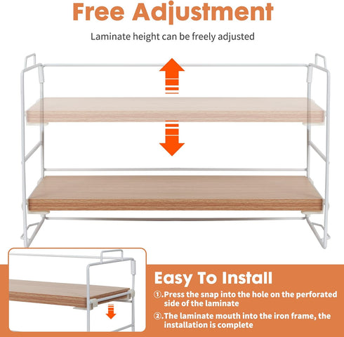 PowerKing 2-Tier Desk Shelf Organizer, Desktop Shelves with Wood Board, Adjustable Bookshelf Storage Rack for Home