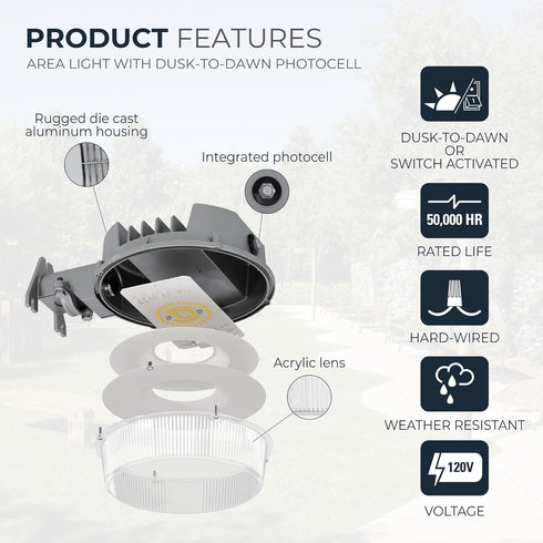 ALB 2000 HALO Outdoor Dusk-to-Dawn LED Security Area Light with Lumens, Wall or Pole Mount - Textured Gray