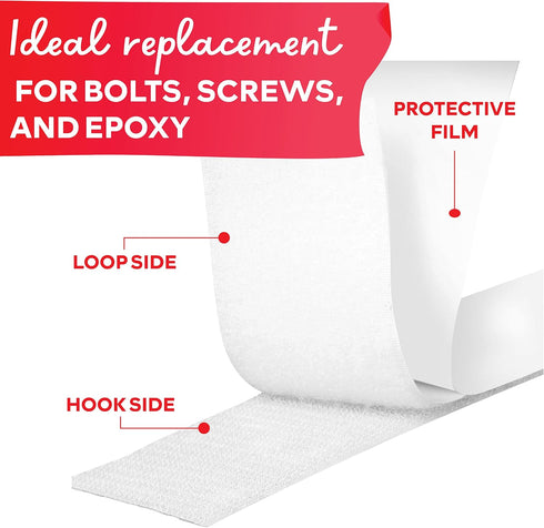 XFasten White Hook and Loop Roll, 1.5-in x 10-Ft Heavy Duty Tape with Adhesive for Fabric and Tools