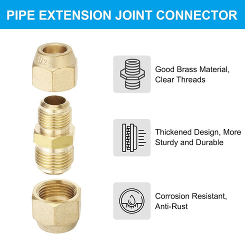 PATIKIL 1/2" to 5/8" Pipe Extension Joint Connector, Free Welding Brass Coupler Adapters with 2pcs Flare Nuts for