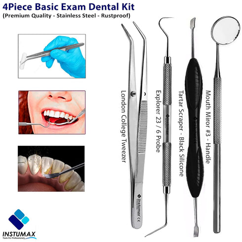 4Pcs 6/23, Professional Oral Care Tools Tartar Removal Scaler, College Tweezer, Explorer Probe Mouth Mirror for Dental
