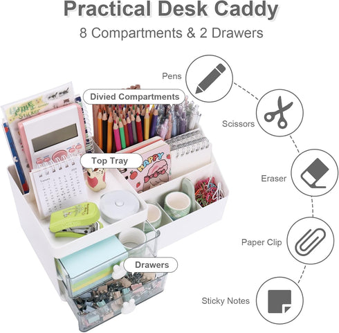 Desk Organizer with 2 Drawers, 7 Compartments & Top Tray for Makeup, Bathroom, Cute Home Organization (White)