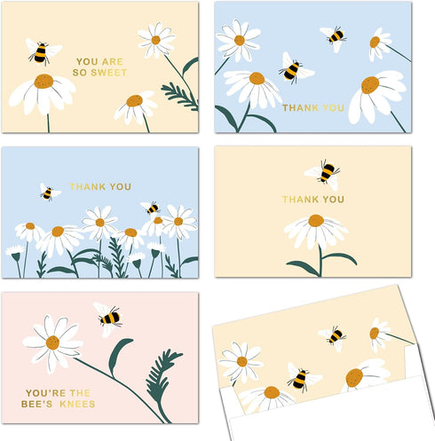 Gooji 4x6 Bee & Dasiy Gold Foil Thank You Cards (Bulk 20-Pack)