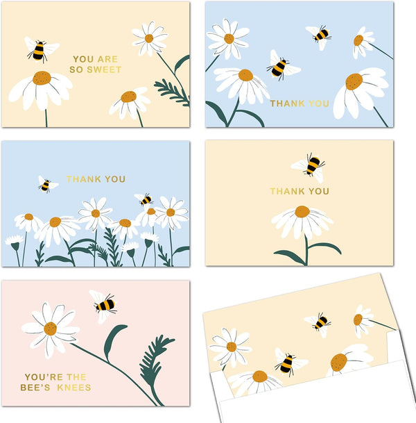 Gooji 4x6 Bee & Dasiy Gold Foil Thank You Cards (Bulk 20-Pack)