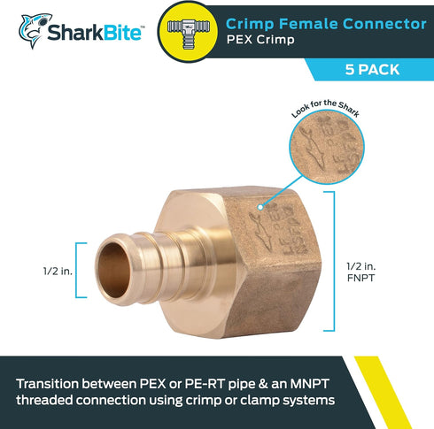 SharkBite 1/2 x 1/2 Inch FNPT Crimp Adapter, Pack of 5, Brass Plumbing Fitting, PEX Pipe, PE-RT, UC072LFA5 by SharkBite