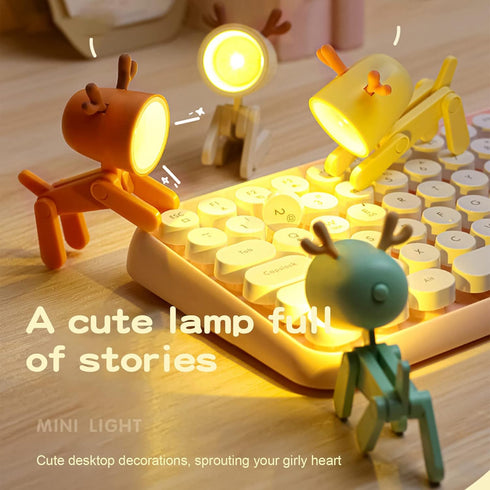 Mini LED Desk Lamp Cute Small Phone Holder Creative Dog/Deer Shape Night Light Portable Small Desk Light Adjustable