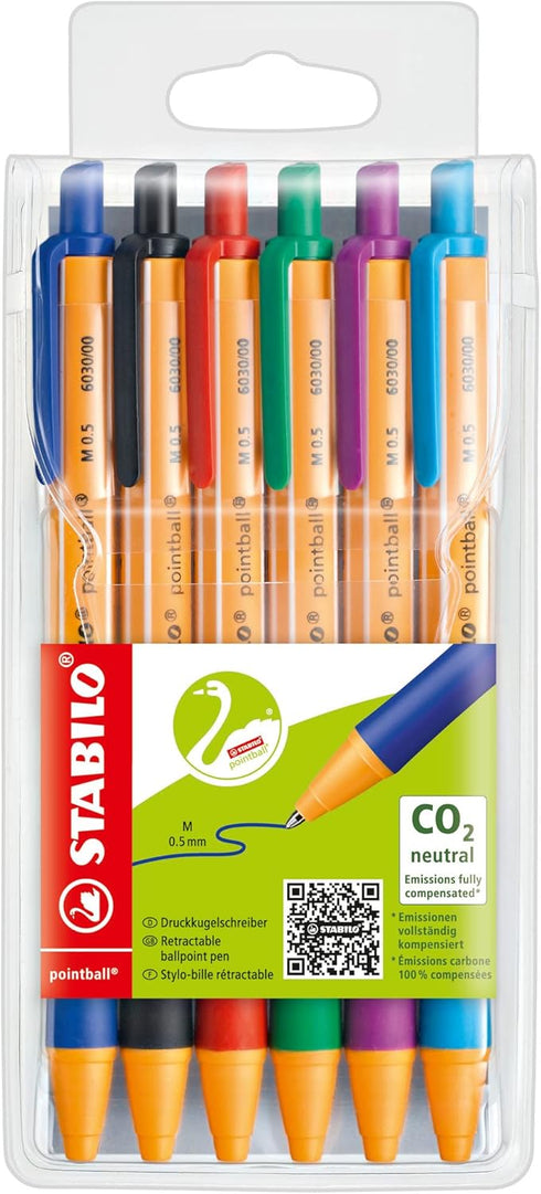 STABILO Ballpoint Pen Pack of 6 - Red, Blue, Black, Green, Turquoise, Lilac, Medium Point, Retractable