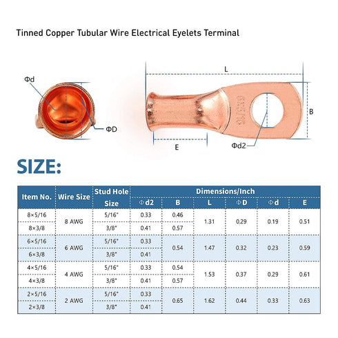 12PCS 2x3/8 Copper Ring Terminal Connectors, 2 AWG Heavy Duty Battery Cable Ends with 12 PCS 3:1 Heat Shrink Tubing for