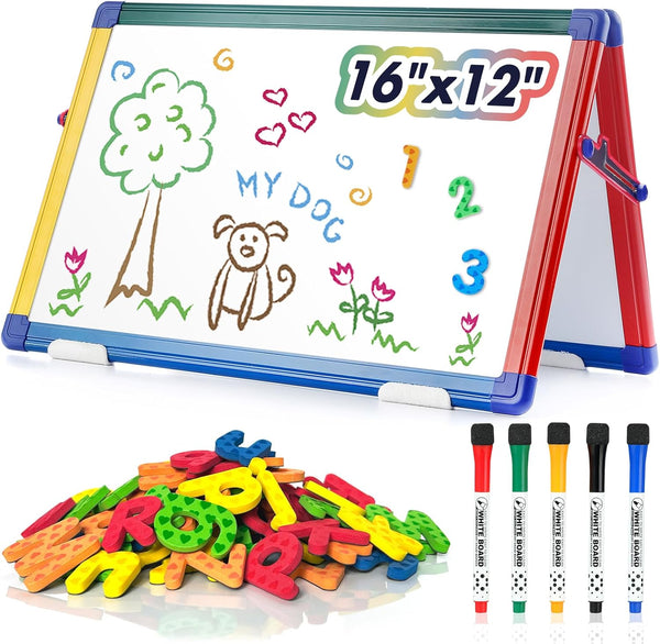 SWANCROWN Portable Magnetic Dry Erase White Board for Kids, 16x12 Inch Double Sided Tabletop Easel with 82Pcs Magnets