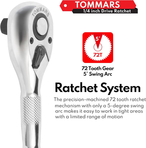 TOMMARS 1/4-Inch Drive Stubby Ratchet Mini Ratchet with Quick-Release Head, 72-Tooth