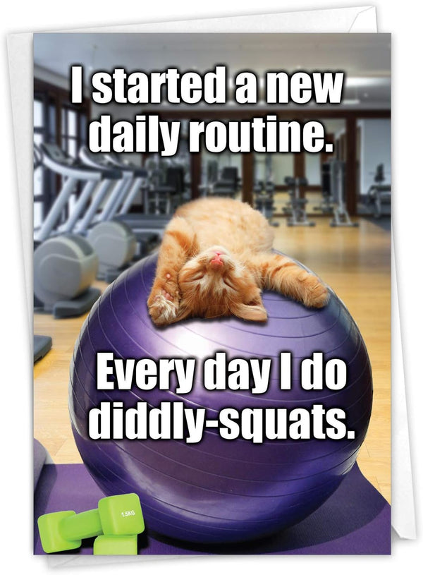 NobleWorks - Diddly Squats Funny Retirement Greeting Card with Envelope - Cute Cat Workout, Congrats Card C3955RTG