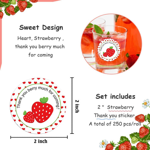 Strawberry Thank You Sticker Labels, 2 Inch Thank You Berry Much for Coming Stickers - 250 Pcs Birthday Party Favors