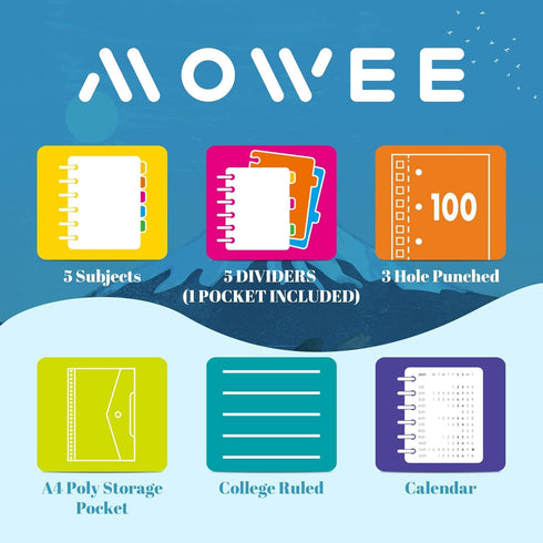 Spiral Notebook - 5 Subject College Ruled, 3-Hole Punched with Dividers, 200 Pages, Black, for Home & Office, School