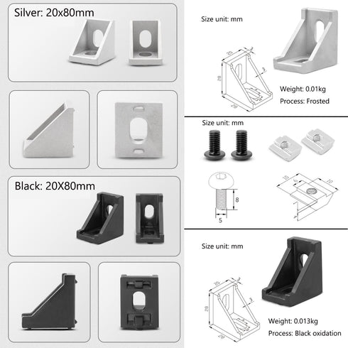 16 Set Black 2020 Series Aluminum Extrusion Profile Connector Set, Includes 16pcs Corner Brackets, 32pcs Nuts