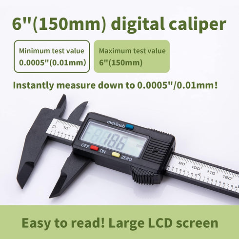 Digital Caliper 0-6"Measuring Tool, Micrometer Caliper with Auto-Off Feature, Interchangeable between inches and millimeters for jewelry measurement and 3D printing