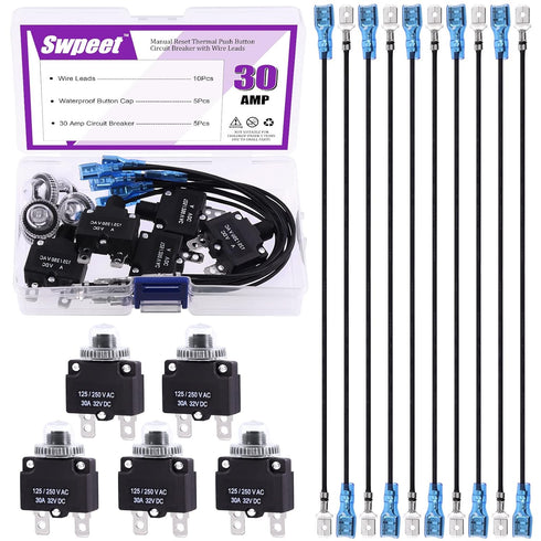 Swpeet 20Pcs 30Amp Thermal Circuit Breaker with 19cm 6.3mm Female Spade Terminals Wire Leads and Waterproof Button Caps
