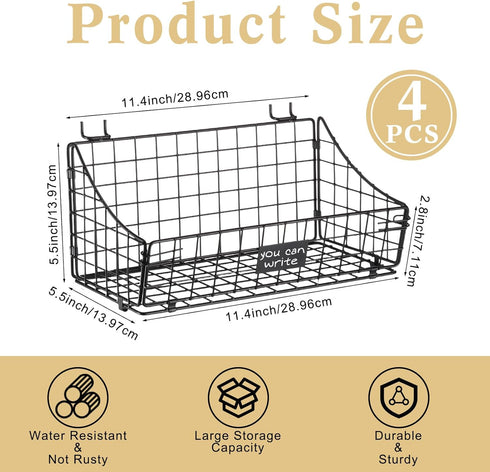 4 Pcs Slatwall Baskets with Hooks, Black Wire Hanging Basket Storage for Pantry Kitchen Garage