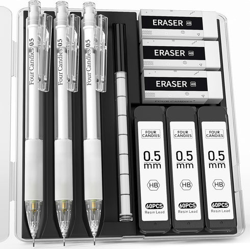 Four Candies Cute Mechanical Pencil Set with Case - 3PCS 0.5mm Pencils with 180PCS HB Lead Refills, Erasers for Students