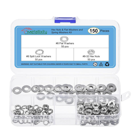 Hex Nuts Assortment Kit: 150Pcs #8-32 Hex Nuts with #8 Flat Washers & Split Lock Washers, 304 Stainless Steel Hardware