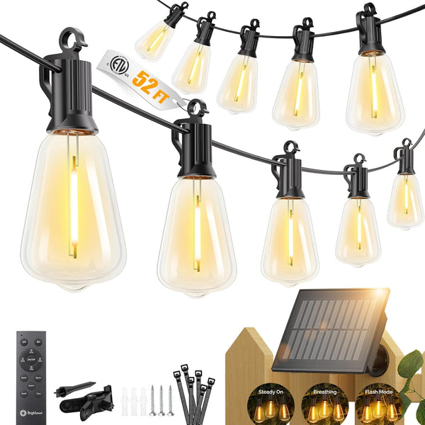 Brightown 52FT Solar String Lights Outdoor Waterproof, Patio Lights with Remote and