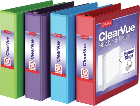 Cardinal 3 Ring Binders, 2 Inch Binder with Round Rings, Holds 475 Sheets, ClearVue Covers, 4 Pack