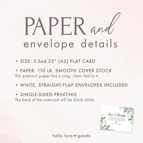 5.5x4.25 Greenery Personalized Wedding Thank You Cards with Message, Flat Thank You Note Cards with Leaves