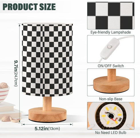 Bedside Lamp Black White Checkered Pattern Table Lamp for Bedroom LED Nightstand Lamp Shade USB Ports Wood Base
