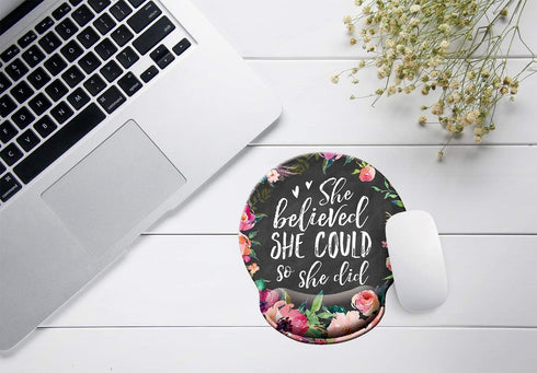 She Believed She Could So She Did Mouse Pad, Watercolor Floral with Wrist Support for Computer