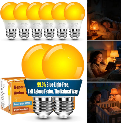 Neporal 1800K Amber Sleep Light Bulbs 8PK, 99.96% Blue Blocking Soft Warm Light