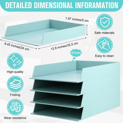 Tatuo 6 Pack Stackable Paper Trays, Plastic Letter Tray Desk Organizer for Classroom, Magazine File Documents, Blue