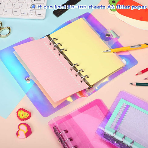 Outus 3 Pieces Clear A6 Binders, Colorful Soft PVC 6-Ring Binder Covers for Office and Budget Planner (Rainbow, Purple,