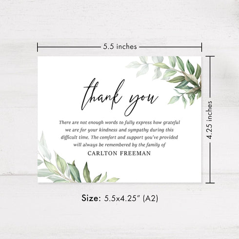 5.5x4.25 Personalized Greenery Funeral Thank You Cards with Envelopes, Flat Sympathy Memorial Cards