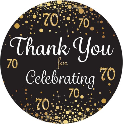 Black and Gold 70th Birthday Thank You Stickers - 40 Labels, 1.75 in