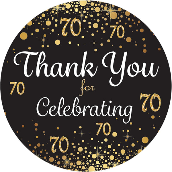 Black and Gold 70th Birthday Thank You Stickers - 40 Labels, 1.75 in