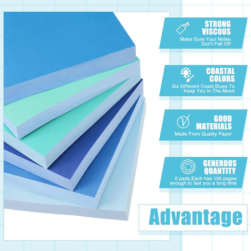 Blue Sticky Notes, 3 x 3 Inch Coastal Colors, Self Stick Pads, Easy to Post for Home, Office, Notebook, 100 Sheets/Pad