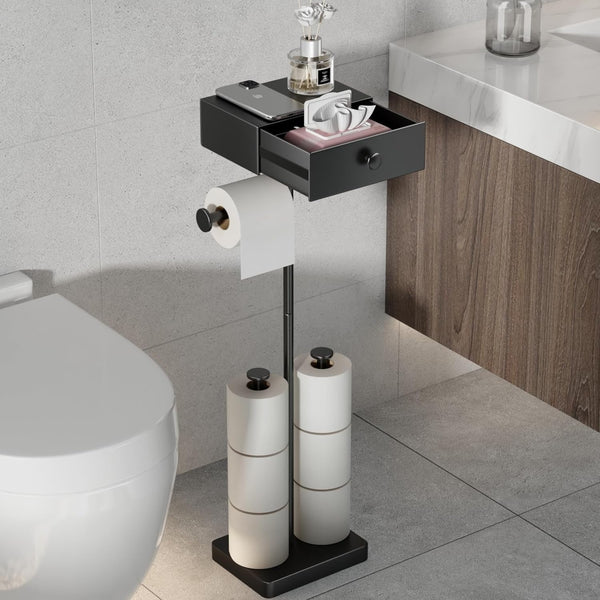 VOLDRA Toilet Paper Holder Stand with Shelf, Free Standing Black Toilet Paper