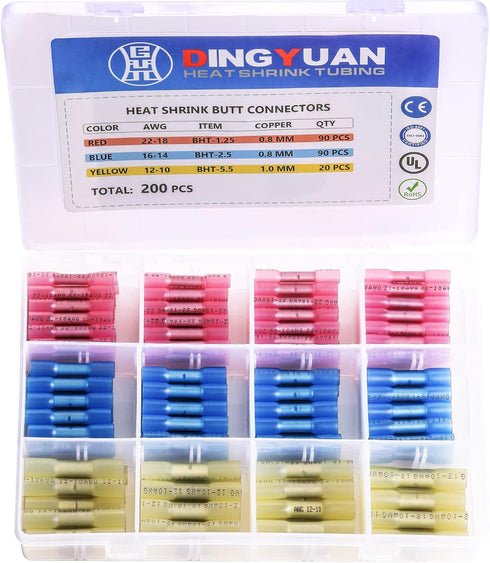 DINGYUAN 200pcs Waterproof Butt Connectors, Heat Shrink Marine Wiring Connectors, Crimp Butt Splice Terminal Kit