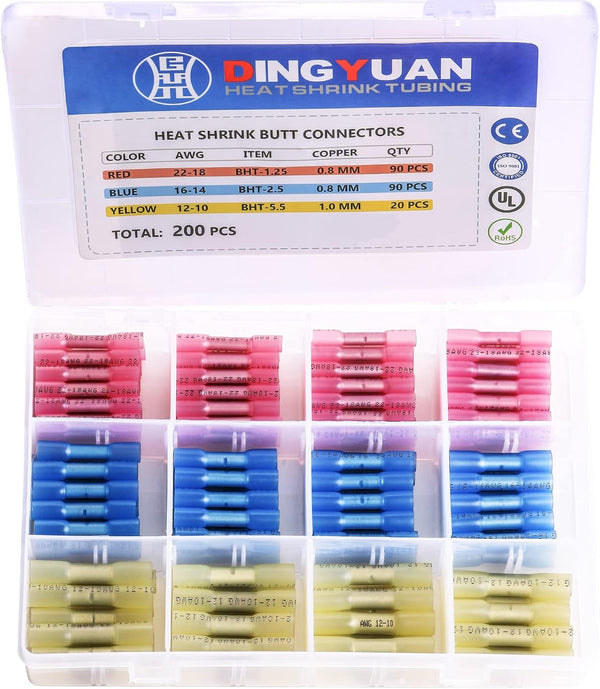 DINGYUAN 200pcs Waterproof Butt Connectors, Heat Shrink Marine Wiring Connectors, Crimp Butt Splice Terminal Kit
