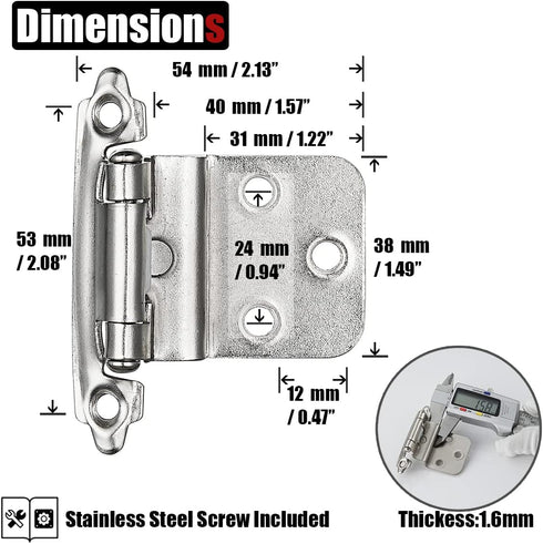 JQK 3/8 Inch Inset Cabinet Door Hinges Satin Nickel, 4 Pack 2 Pairs Flush Face Mount Cupboard Self-Closing Kitchen Cabinet Hardware Hinges with Door Bumper, CH201-SN-P4 by JQK