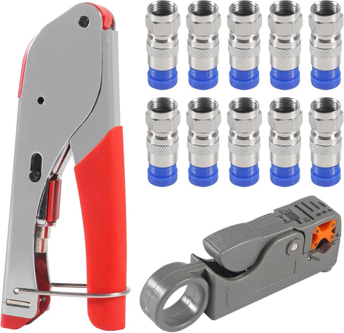 RG6 RG59 Coax Cable Compression Crimper Tool Kit, with 10 pcs Coaxial Compression Fittings