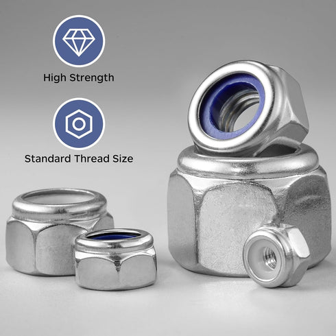 BNUOK 50Pcs #10-24 304 18-8 Lock Nuts, Nylon Insert Locknuts Stainless Steel SS Self-Locking Nuts, Coarse Thread Hex