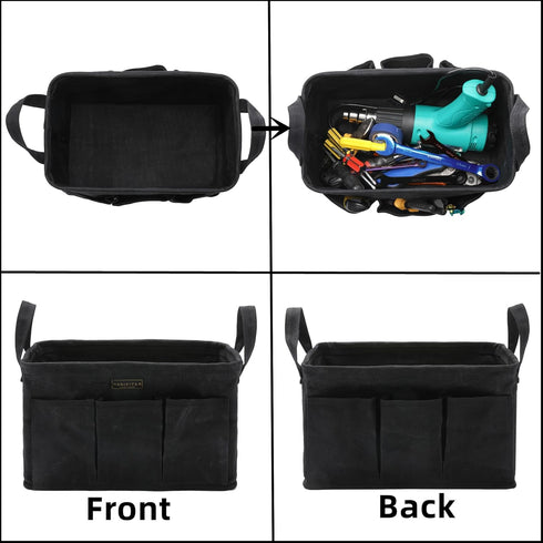 Storage Tool Case, 13.8 x 7.8 x 7.8 Inches, Rectangular Waxed Canvas Fabric Collapsible Tool Bag (Black)