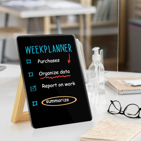 Desktop Black Glass Dry Erase Board, Small Whiteboard with Adjustable Wood Stand, 9.5" x 6.7" for Home Office