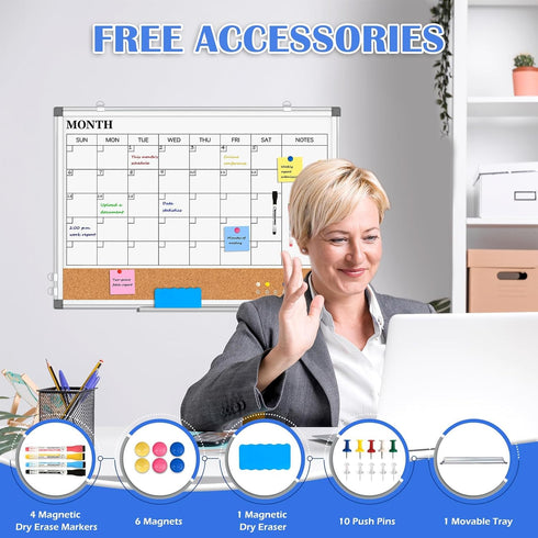Monthly Calendar Whiteboard Dry Erase Cork Board Combo, 30" x 20" Magnetic Double-Sided Calendar