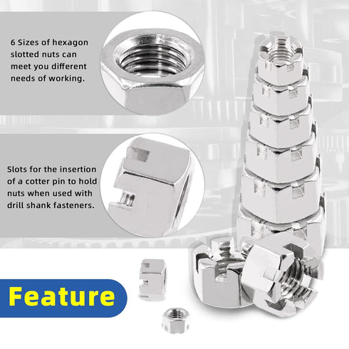 Glarks 20Pcs M6 M8 M10 M12 M14 M16 304 6 Stainless Steel Hexagon Slotted Nuts Assortment Kit, Size Hex Castle Nuts