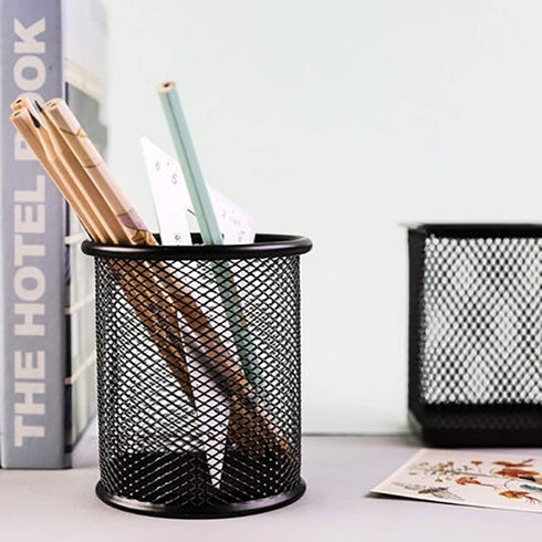 Nicunom 12 Pack Metal Mesh Pen Holder, Round Pencil Cup for Desk Organizer, Black