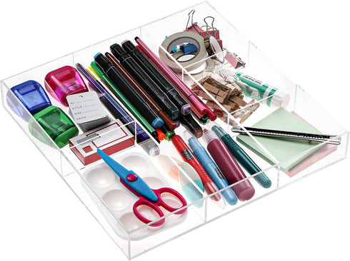 Peohud 2 Pack Acrylic Drawer Organizer Tray, 6/3 Section Clear Makeup Tray for Drawer, Office Desk Supplies