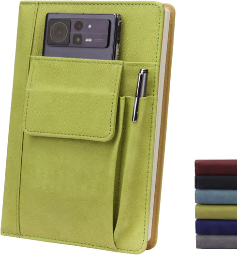 Refillable Lined Leather Journal Notebook, A5 Size for Women Men, 200 Pages Thick Paper Notebooks with Front Pockets