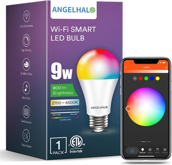ANGELHALO Smart Light Bulbs, Color Changing A19 LED Light Bulb, Work with